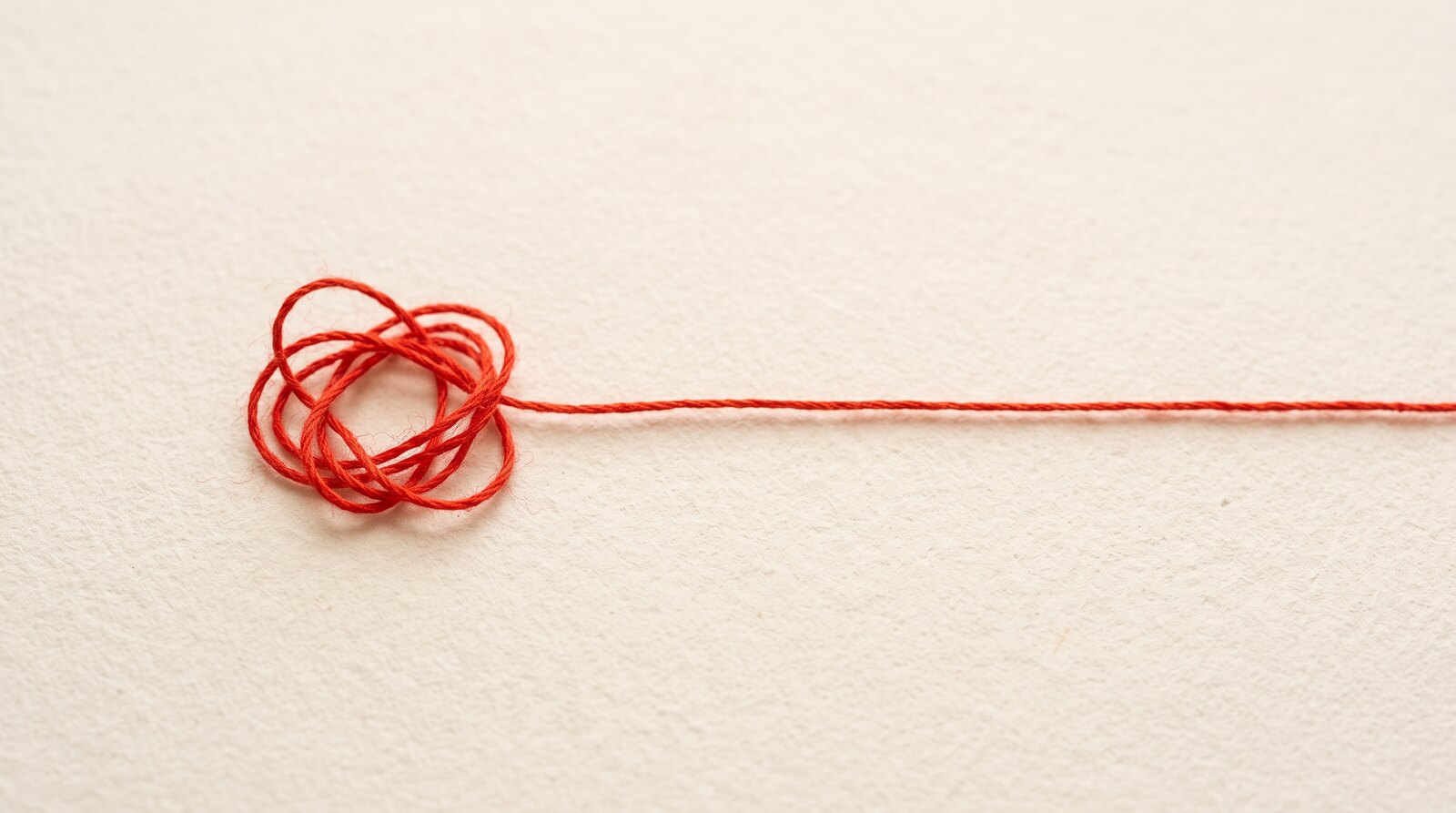 Een rode draad op crèmekleurig papier: links een kleine knoop, rechts één strakke lijn